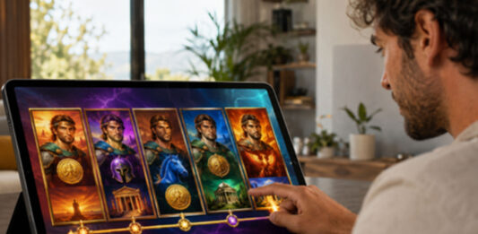 Las franquicias ocupan más espacio en el casino online hombre-juega-a-una-tragamonedas-en-una-tableta-grande