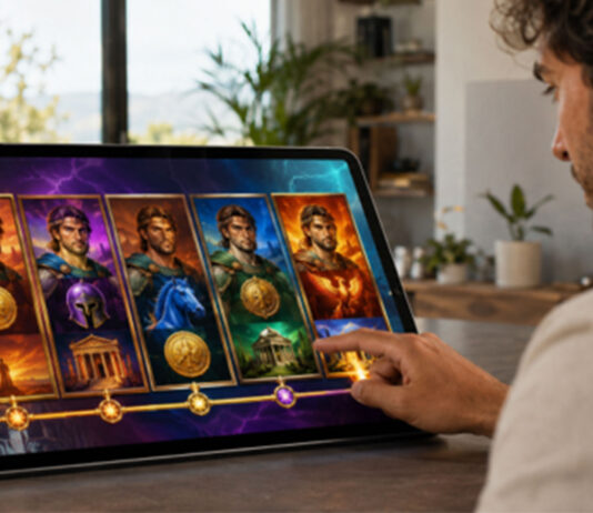 Las franquicias ocupan más espacio en el casino online hombre-juega-a-una-tragamonedas-en-una-tableta-grande