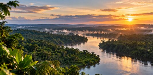 Nuevos datos muestran crecimiento verde en la Amazonía vista-panoramica-de-la-selva-amazonica-y-un-rio-al-atardecer