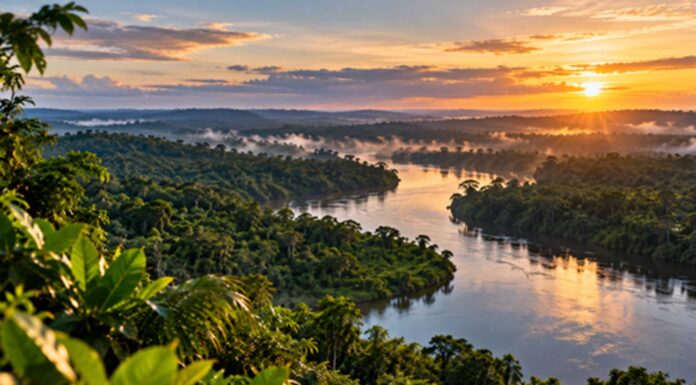 Nuevos datos muestran crecimiento verde en la Amazonía Vista panorámica de la selva amazónica y un río al atardecer.